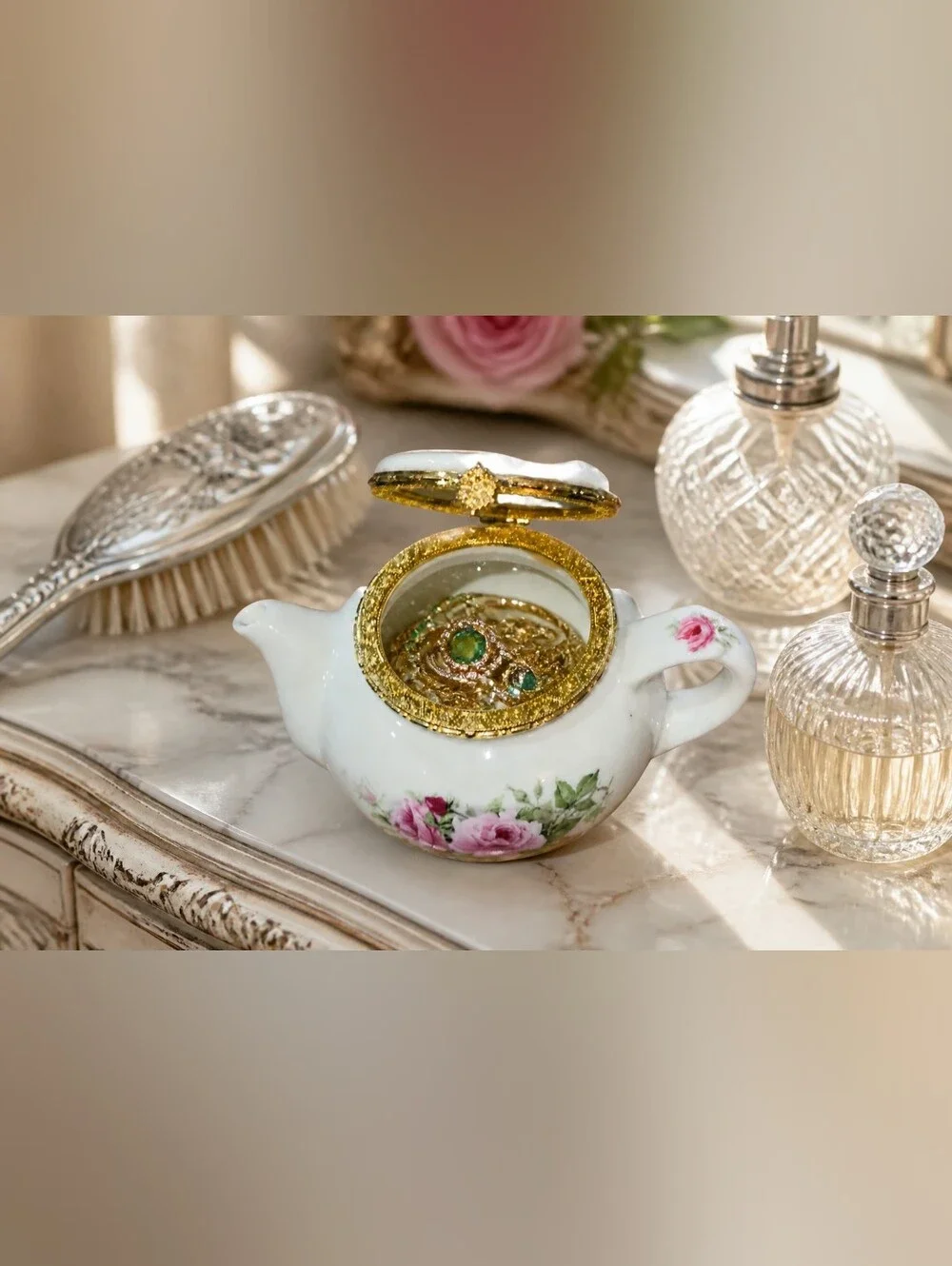 Miniature Hand-Painted Apple Teapot Hinged Trinket Box
